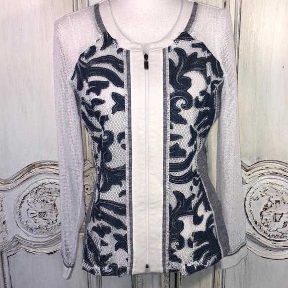 Piccadilly White and Blue Jean Cutout Design with Net Sleeves Jacket - Picture 1 of 11